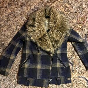 Denim & supply by Ralph Lauren women’s wool plaid Moto jacket Faux Fur Collar